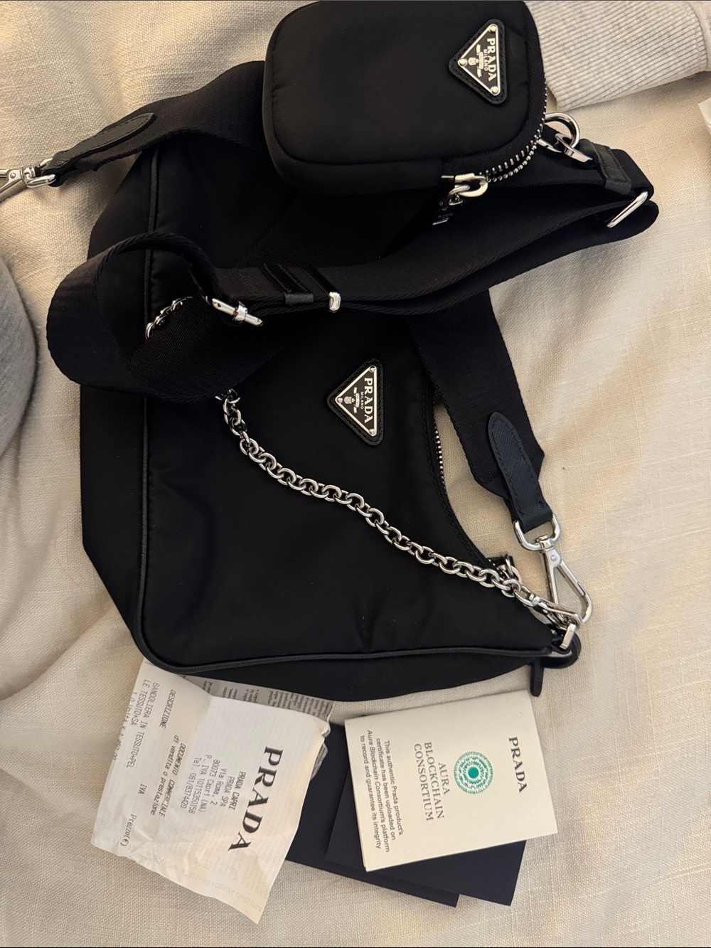 Prada Black Nylon Shoulder Bag with Silver Chain & Pouch